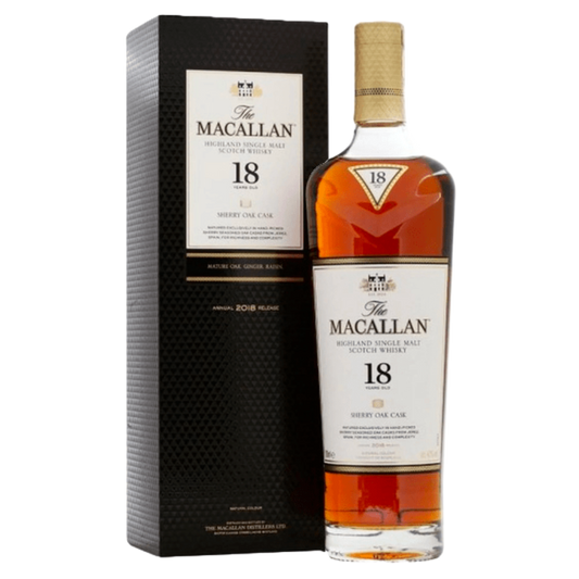 The Macallan 18 Year Old Sherry Oak 750ML single malt Scotch whisky bottle from Speyside Scotland