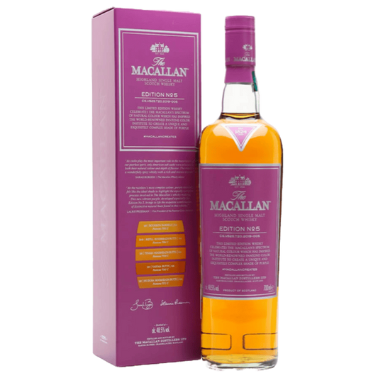 The Macallan Edition No. 5 750ML single malt Scotch whisky bottle with golden amber color and premium packaging