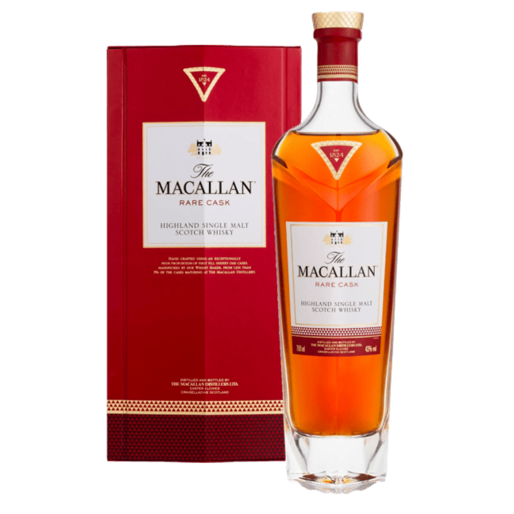 Bottle of The Macallan Rare Cask Single Malt Scotch Whisky 750ML with deep amber color and premium packaging