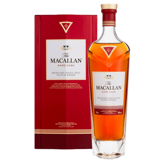 Bottle of The Macallan Rare Cask Single Malt Scotch Whisky 750ML with deep amber color and premium packaging