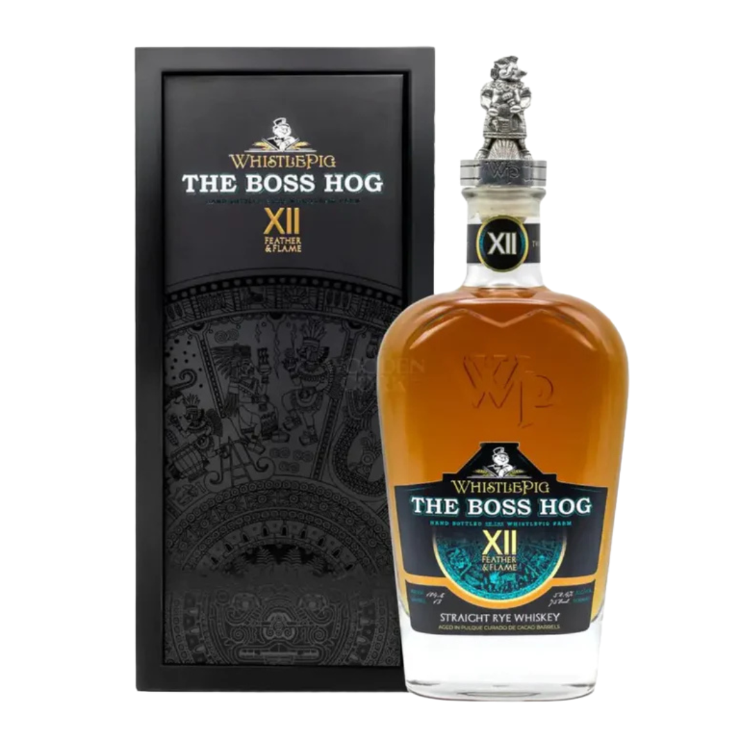 Bottle of WHISTLEPIG RYE BOSS HOG XII limited edition rye whiskey with engraved stopper