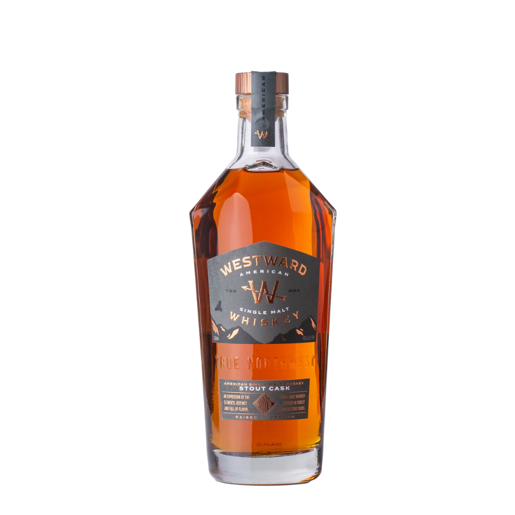 Westward Single Malt Oregon Stout Cask 750ML American single malt whiskey bottle with premium label and dark glass