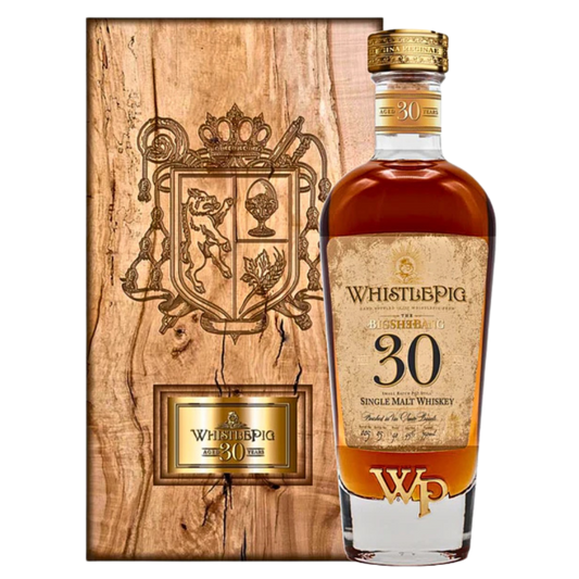 “Whistlepig The BigShəBàng 30 Year Single Malt Whiskey bottle standing upright with premium packaging, showcasing luxury aged whiskey design.”