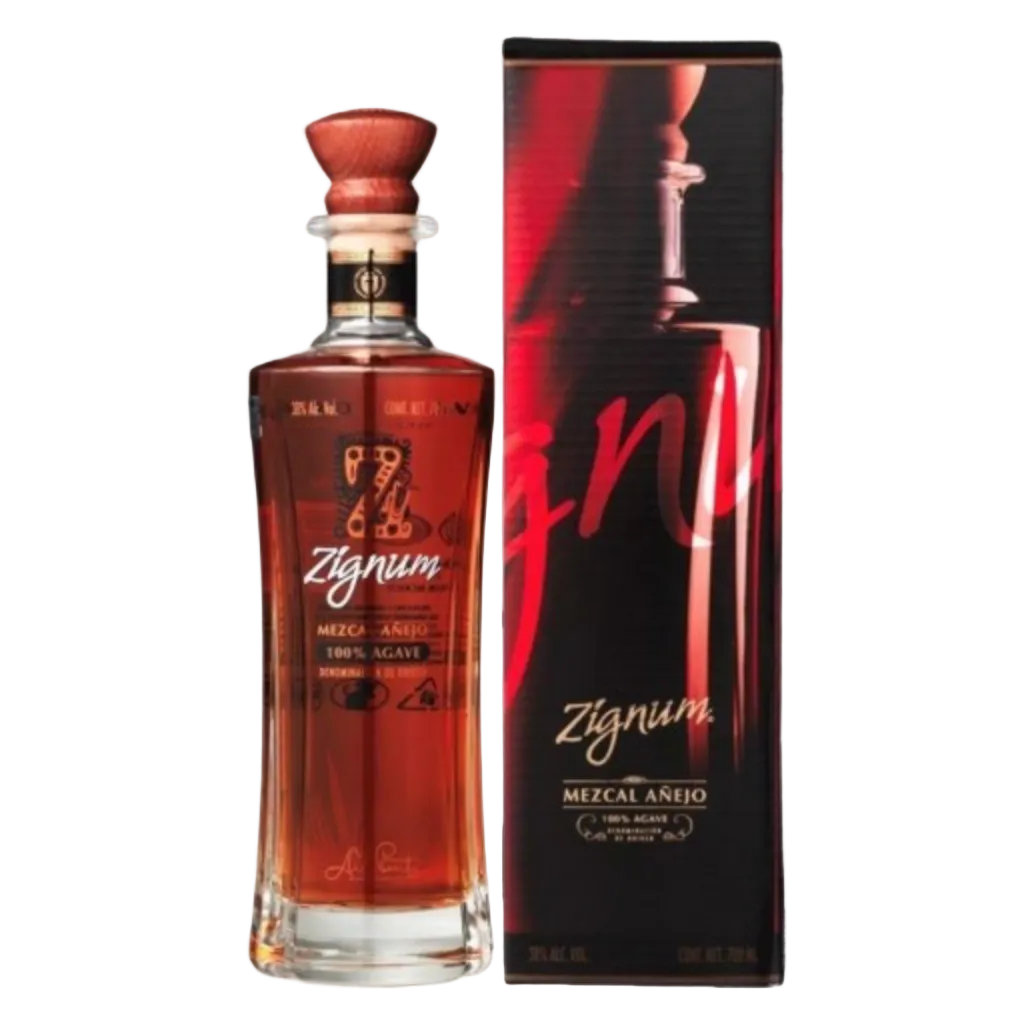 Zignum Mezcal Añejo Tequila 750ml premium aged mezcal bottle from Mexico with amber color and elegant design