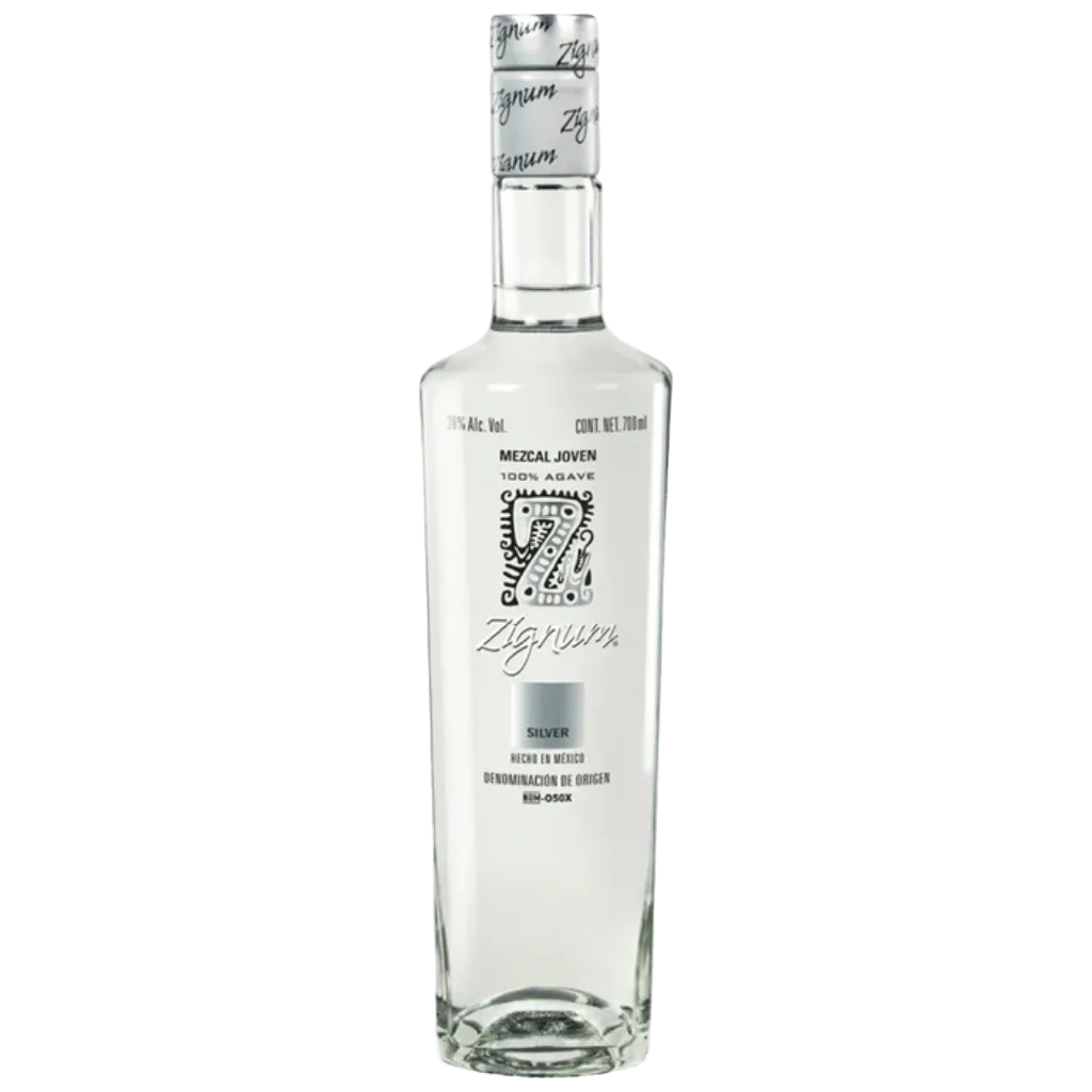 Zignum Mezcal Silver Tequila 750ML bottle with clear glass, modern black and silver label, premium Mexican silver tequila
