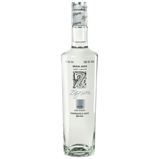 Zignum Mezcal Silver Tequila 750ML bottle with clear glass, modern black and silver label, premium Mexican silver tequila