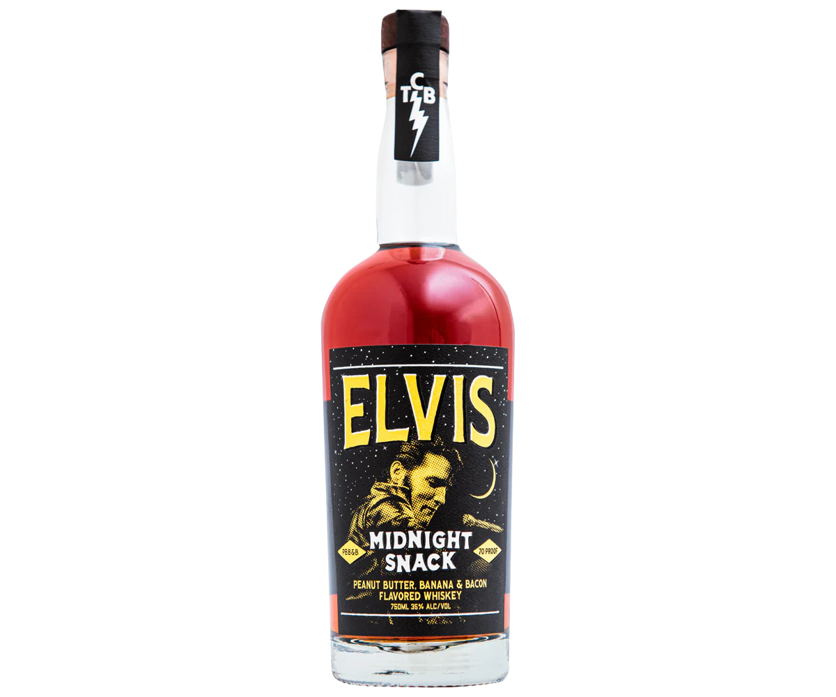 Elvis Midnight Snack Flavored Whiskey bottle featuring peanut butter, banana, and bacon inspired Tennessee whiskey