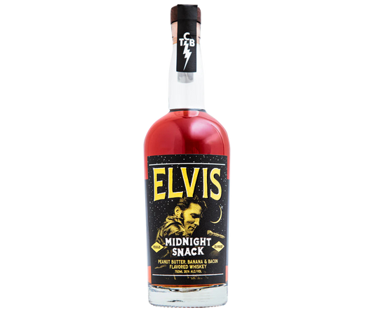 Elvis Midnight Snack Flavored Whiskey bottle featuring peanut butter, banana, and bacon inspired Tennessee whiskey