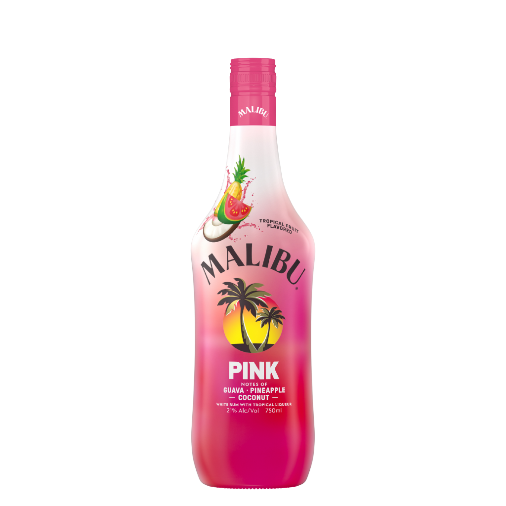 Malibu Pink Guava Pineapple rum bottle with tropical pink guava and pineapple flavor on a white background