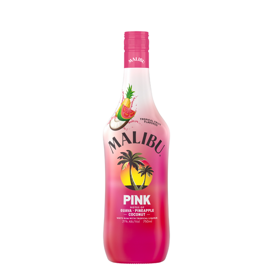 Malibu Pink Guava Pineapple rum bottle with tropical pink guava and pineapple flavor on a white background