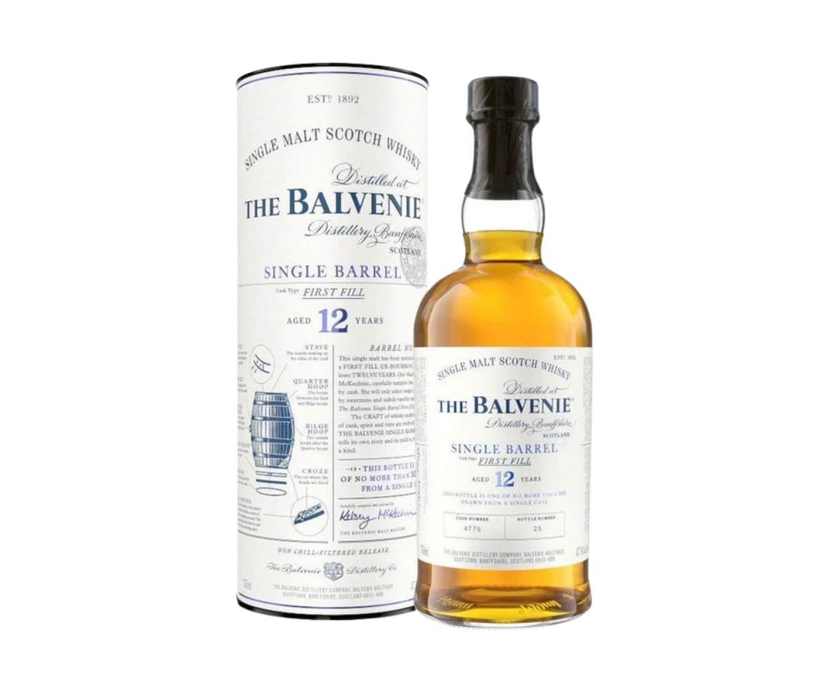 he Balvenie 12 Year Single Barrel Single Malt Scotch Whisky with gold label and cylindrical packaging
