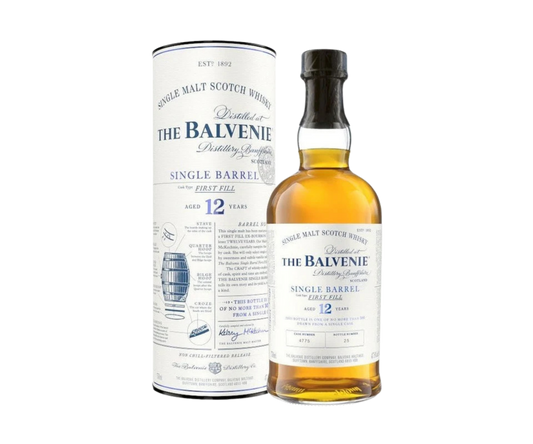 he Balvenie 12 Year Single Barrel Single Malt Scotch Whisky with gold label and cylindrical packaging