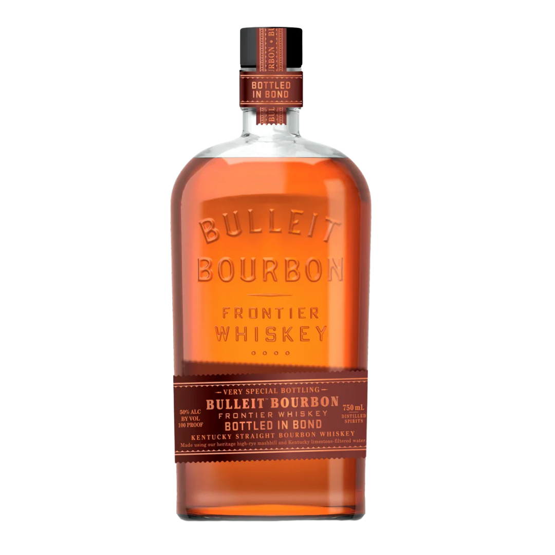 Bottle of Bulleit Bourbon Frontier Whiskey on a white background